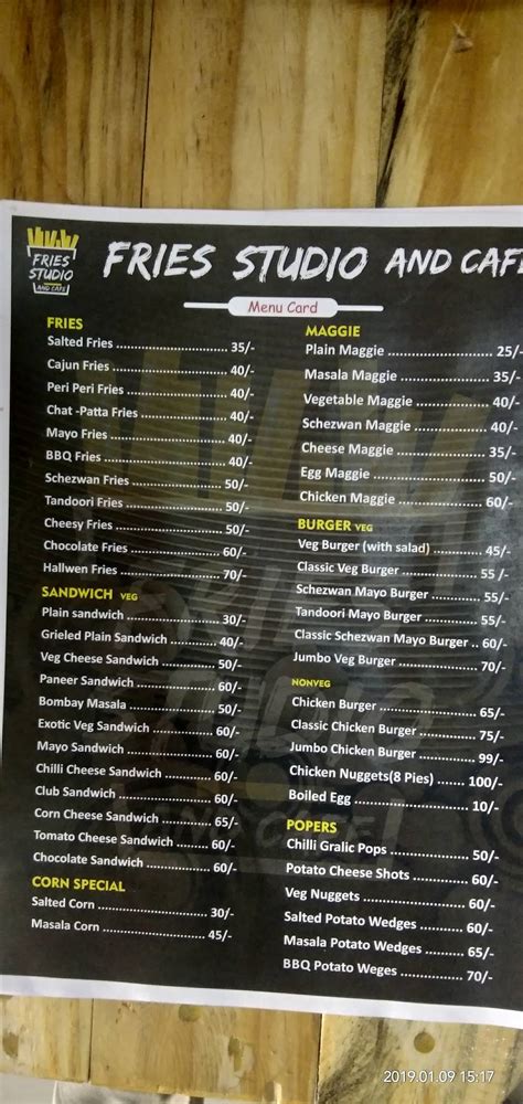 Menu at Fries studio cafe, India