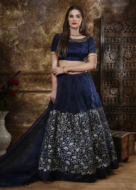 Navy Blue Color Organza Metalic Foil Indian Bridal Lehenga – Gunj Fashion