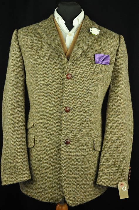 Vtg Harris Tweed Herringbone Country Tailored Hacking Jacket 44" #527 ...