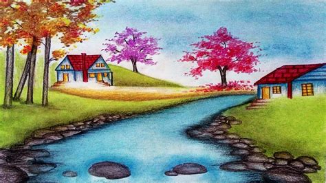 How To Draw Spring Season Landscape with Oil Pastels step by step - YouTube