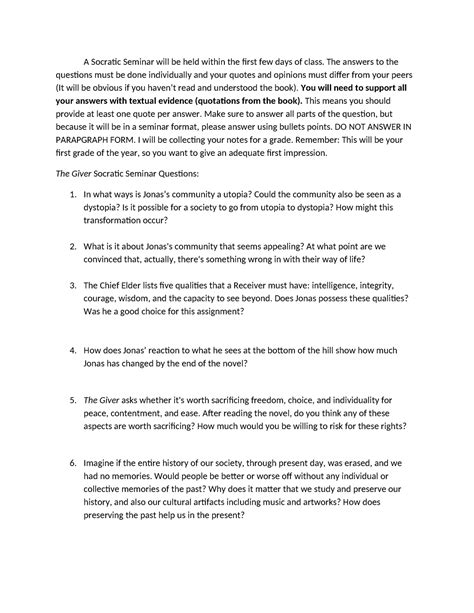 The Giver Socratic Seminar Questions Summer 2022 - A Socratic Seminar ...