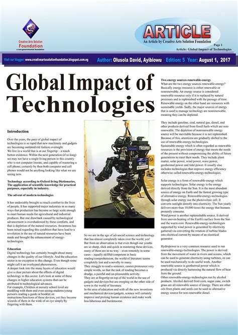 Article: Global Impact of Technologies Author: Olusola David, Ayibiowu ...