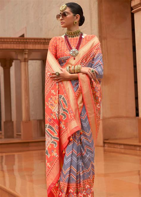 Lavender Purple And Peach Printed Patola Silk Saree – Zari Banaras
