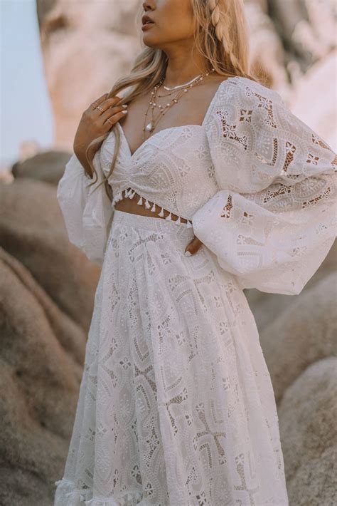 Casual Two-Piece Boho Wedding Dress with Long Sleeves