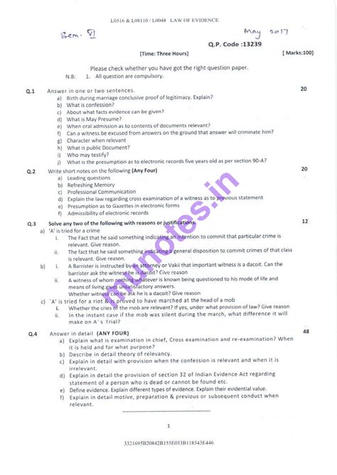 L0516 L08110 L0048 LAW OF EVIDENCE Sem. VI May 2017 Question Paper ...
