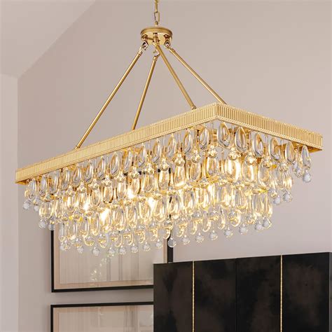 TOCHIC Crystal Dining Room Chandelier Over Table, Gold Linear Rectangle ...