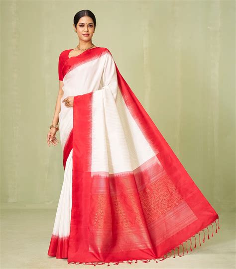White Handloom Soft Silk Saree With Floral Motifs & Contrast Border ...