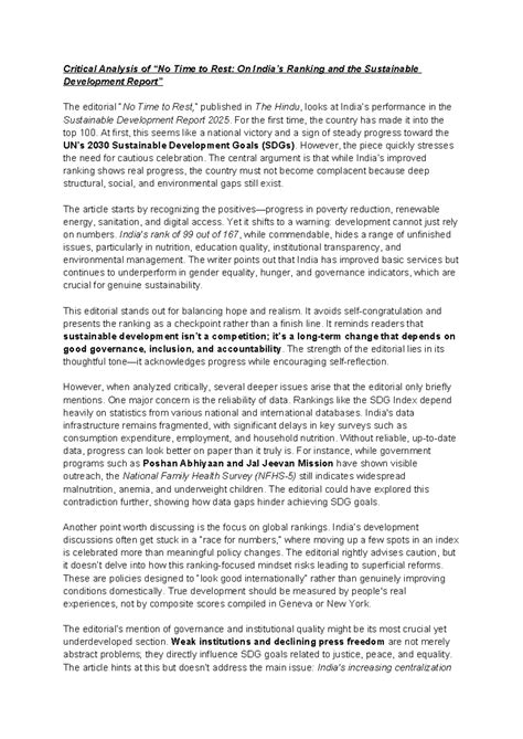 Critical Analysis of "No Time to Rest" on SDG Rankings - Studocu
