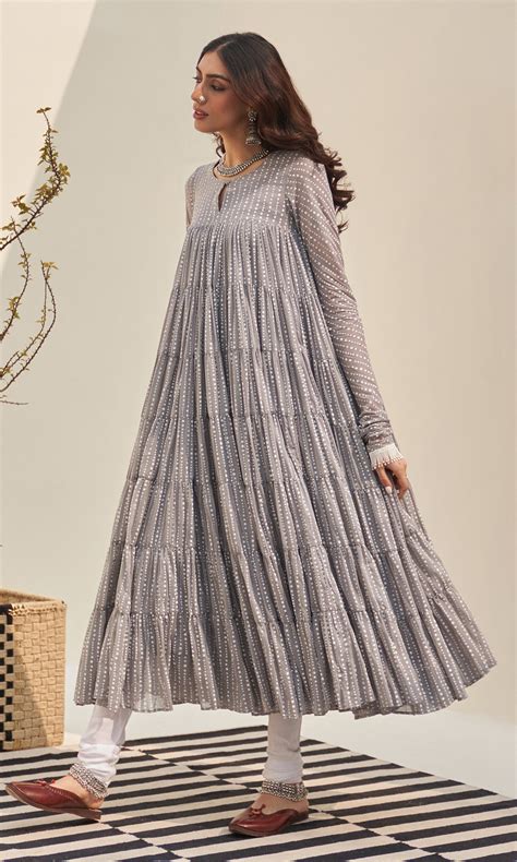 Jannat 2.0 Grey Block Printed Tiered Anarkali Set - Set Of 3 – Ridhiiee ...