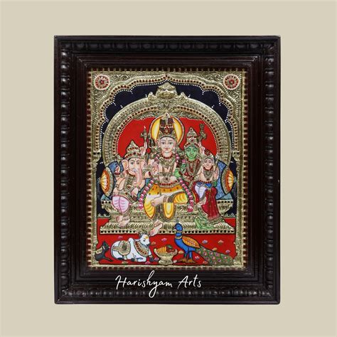 18" Exquisite Shiva Parivar Tanjore Painting with 24 Karat Gold Work