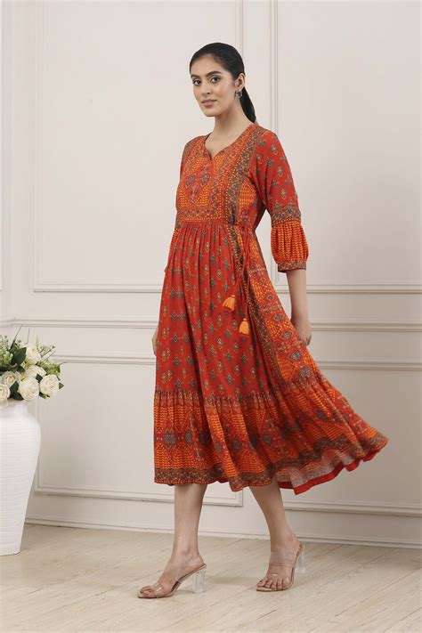 Buy Rust Orange Ethnic Motif Printed Midi Dress Online at Biba India