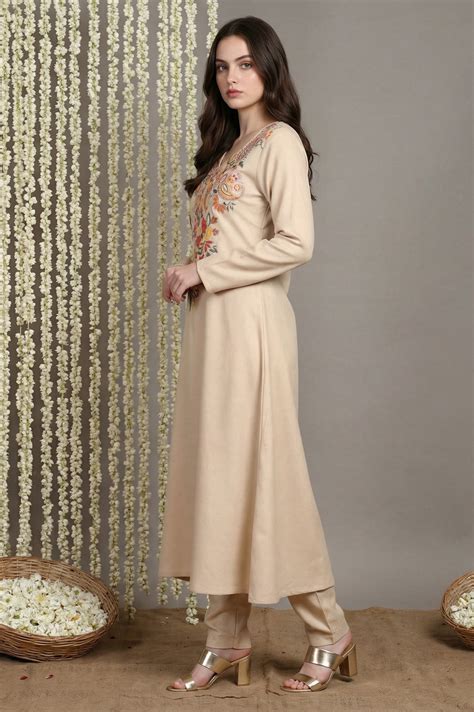 Buy Beige Ebroidered Acrylic Blend A-line Kurta with Trouser Set for ...