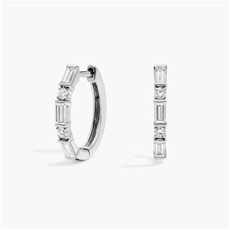 Personalized Baguette Cut Three Birthstone Hoop Earrings With Lab-Grown ...