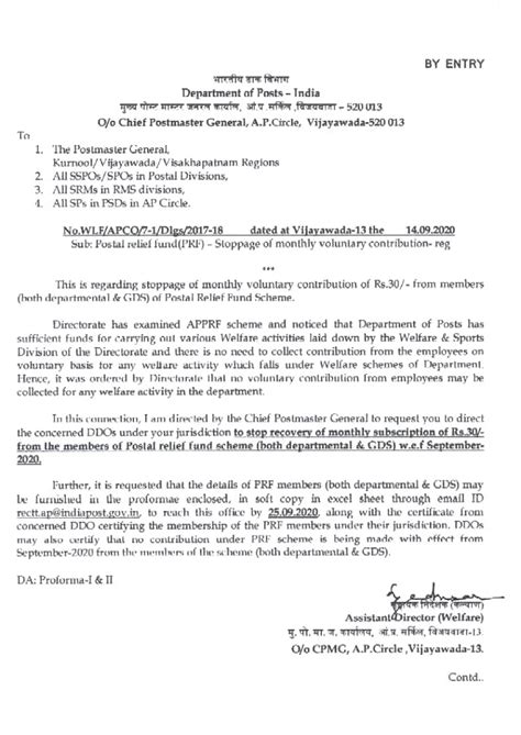 Postal Relief Fund (PRF) : Stoppage of monthly voluntary contribution ...