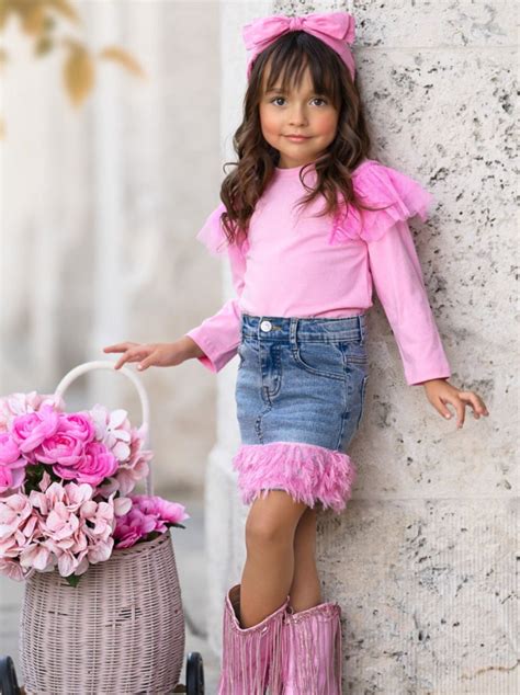 Pink Ruffle Top and Feather Trim Denim Skirt Set – Mia Belle Girls