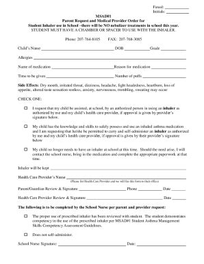 Fillable Online MSAD#1 Authorization for Medications to be Taken During ...