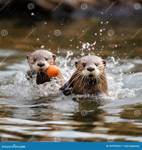 Two Otters Playing in the Water, with One Holding a Small Rock and the ...