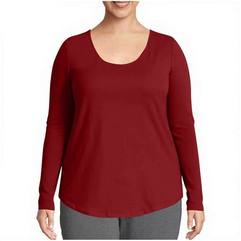 Qulqfy Plus Size Shirts Women Long Sleeve Scoop Neck Plain Shirts Red ...