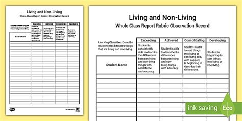 Living and Non-Living EYLF Assessment Rubric/Guide to Making Judgement