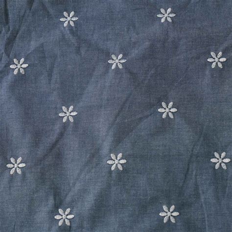 Denim Blue With Flower Embroidery And Scalloped Border Fabric – Sanskruti