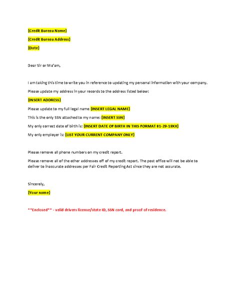 Change of Address Letter and Personal Information Letter - {Credit Bureau Name} {Credit Bureau ...