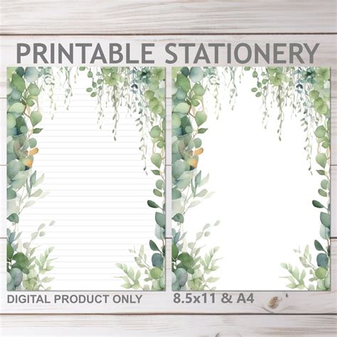 Buy Eucalyptus Leaves and Vines Printable Stationery Set Lined and ...