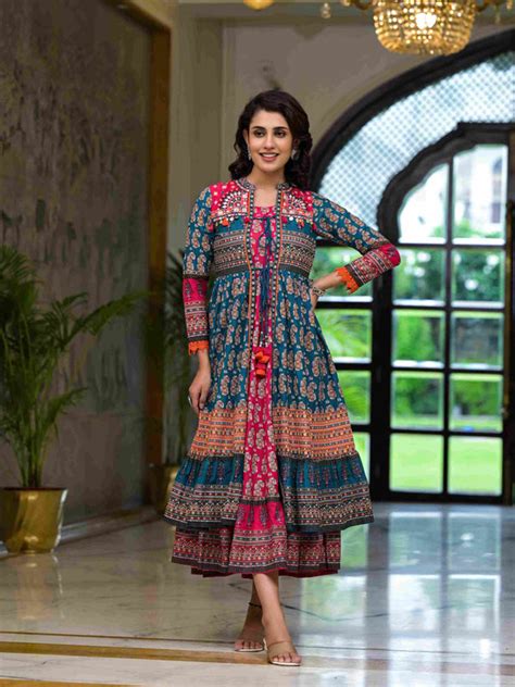 Women's Cotton Teal Blue Printed Dress I Ethnic long Flared Dress in 2 ...