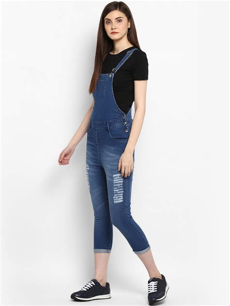 Women's Distressed Stretchable Denim Capri Style Dungarees(inner not p ...