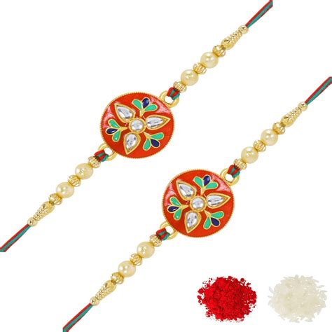 Riddhika Ventures Stylish Kundan and AD Ring Rakhi (Set of 2) (Bracelet ...
