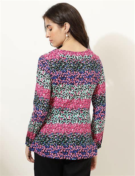 Linen Blend Printed V-Neck Top