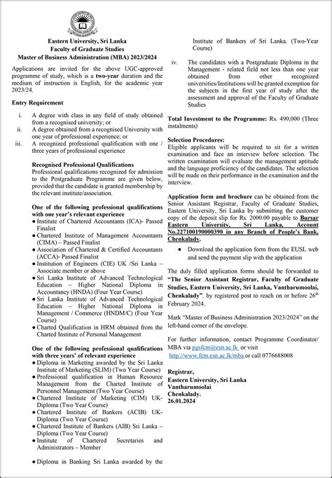 MBA Programme (Intake 2024) - Eastern University (EUSL)