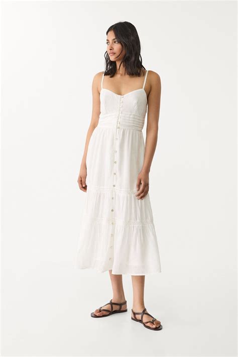 White Midi Strappy Button-Down Flowing Dress | Stradivarius