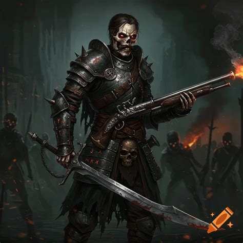 Badass skeleton with mustache holding sword and blunderbuss on Craiyon