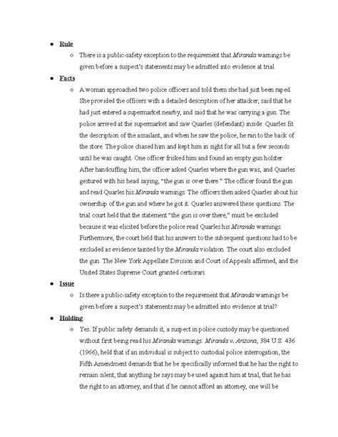 Crim Pro 2022- New York v. Quarles - Rule There is a public-safety ...