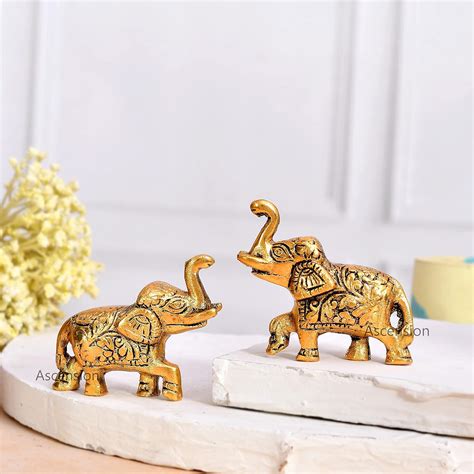 Buy ascension Set of 2 Metal Trunk Up Elephant Statue Figurine Fengshui ...