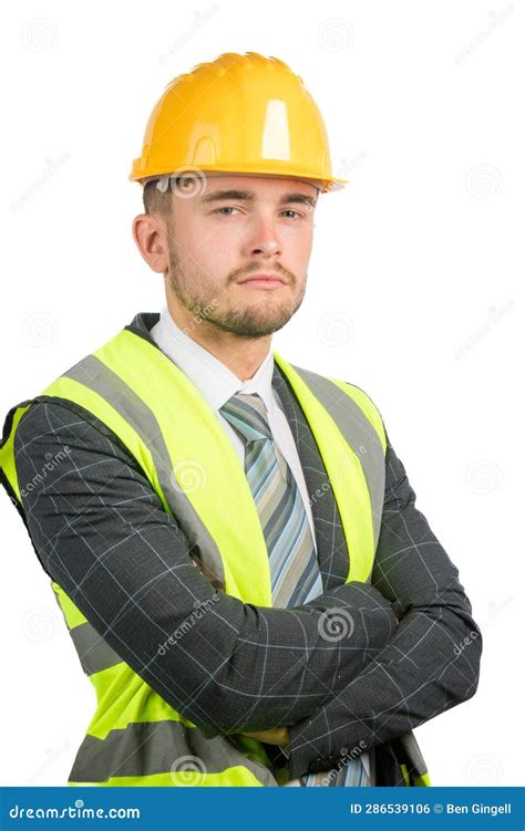 Man in a Suit Wearing a Hi-vis Vest & Hardhat Stock Photo - Image of ...
