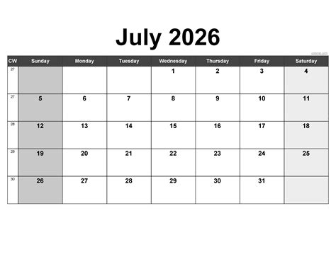 Free July 2026 Calendar - download and print as PDF, XLS and PNG Planner for important ...