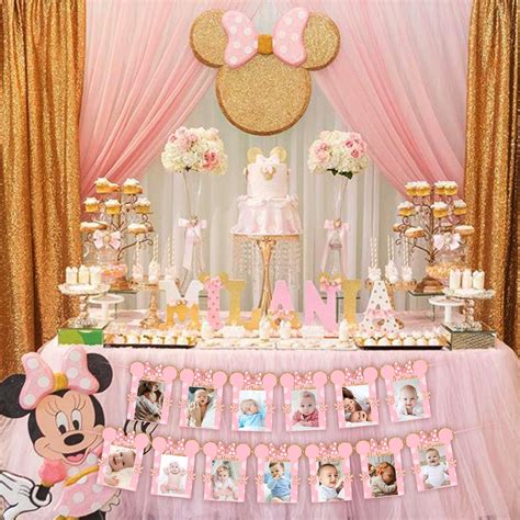 Cartoon Mouse Photo Banner Pink and Gold Newborn to 12 Month Birthday ...