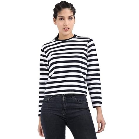 Buy Merchant of Designs Black and White Stripe Round Neck Cotton Blend ...