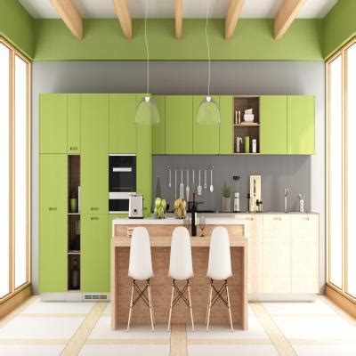 Contemporary L-Shaped Modular Kitchen Design With Pastel Green Cabinets
