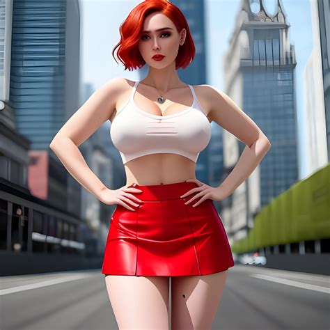 Young girl age 18y.o wearing short skirt with and transparent crop top with short red hair ...