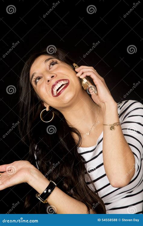 Happy Dark Complected Woman Talking on Cell Phone Looking Up Stock Photo - Image of person ...