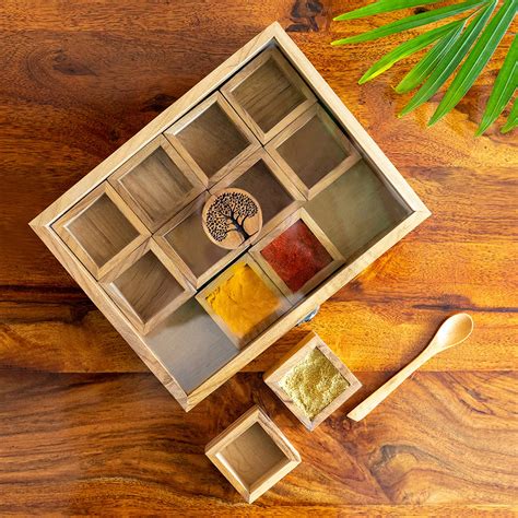 Buy ExclusiveLane 'Tree Of Life' Wooden Masala Box For Kitchen Spice ...