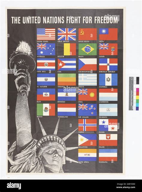A World War II-era poster promoting the United Nations' fight for freedom, featuring the thirty ...