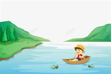 山间河水划船的男孩png图片免费下载-素材7yzWVUkeU-新图网