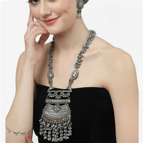Buy Moedbuille Crystals & Ghungroo Tribal Tasselled Oxidised Silver ...