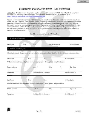 Beneficiary Designation Form – Life Insurance - Blank Fillable Template ...