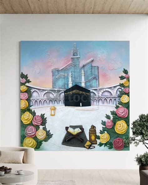 7X7 Feet Kaaba and Makkah Clock Tower 3D Relief Mural Wall Art