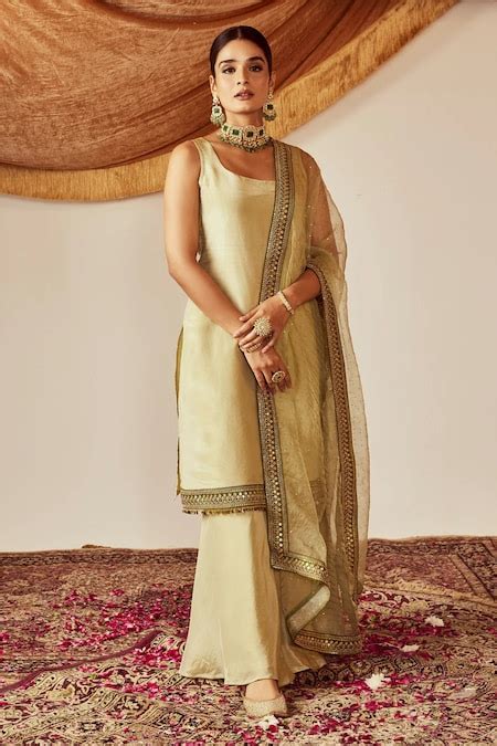 Buy Green Organza, Muslin Sequins, Lace Nisa Embellished Kurta Flared ...