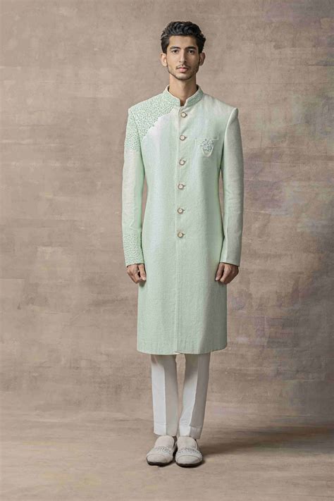 Aqua Dhagai Sherwani Highlighted With 3D Thread Work And Pearl – Sarab ...